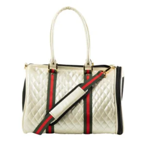 Luxury Pearl Pleated Pet Carrier Bag with Green Red Stripe | Mesh Doors with Zipper | Spacious Plush Wool Interior | Duffel Bag Style